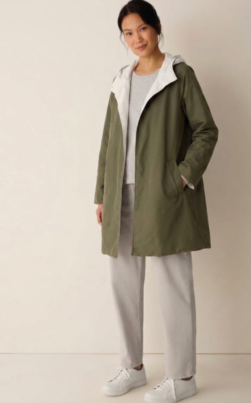 Eileen Fisher EUC Cotton Nylon Reversible Rain Hooded Coat Magnetic XL Jacket